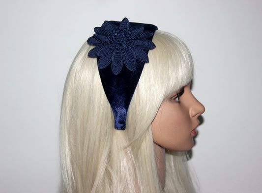 Dark Blue velvet headband with flower Extra wide floral hairband scarf, plastic free