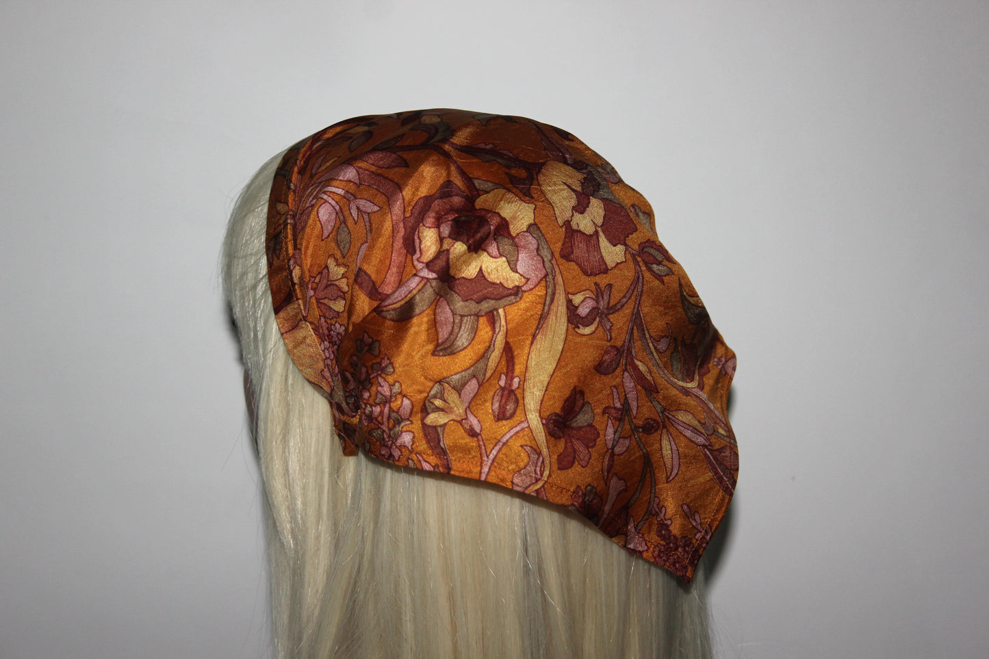 Burnt Orange pure silk head kerchief Structured triangle bandana Summer headband