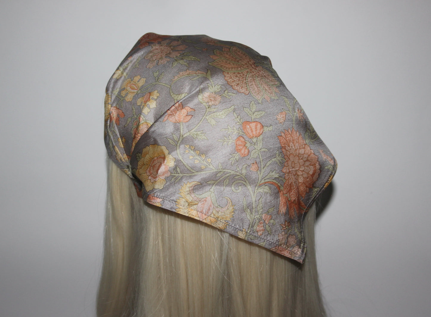 Triangle bandana headband Gray & Peach pure silk head kerchief