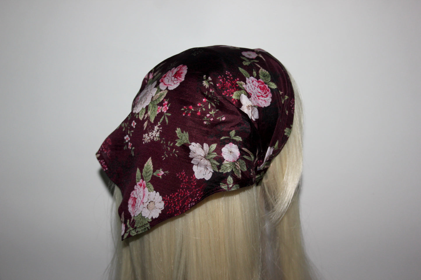 Dark Maroon & Pink pure silk head kerchief Triangle bandana headband Retro summer bandana