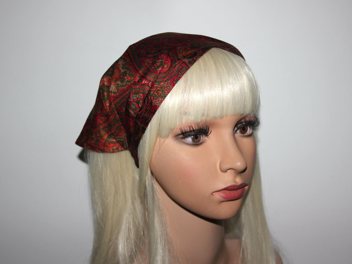 Damask head kerchief Dark Red & Orange pure silk triangle bandana headband