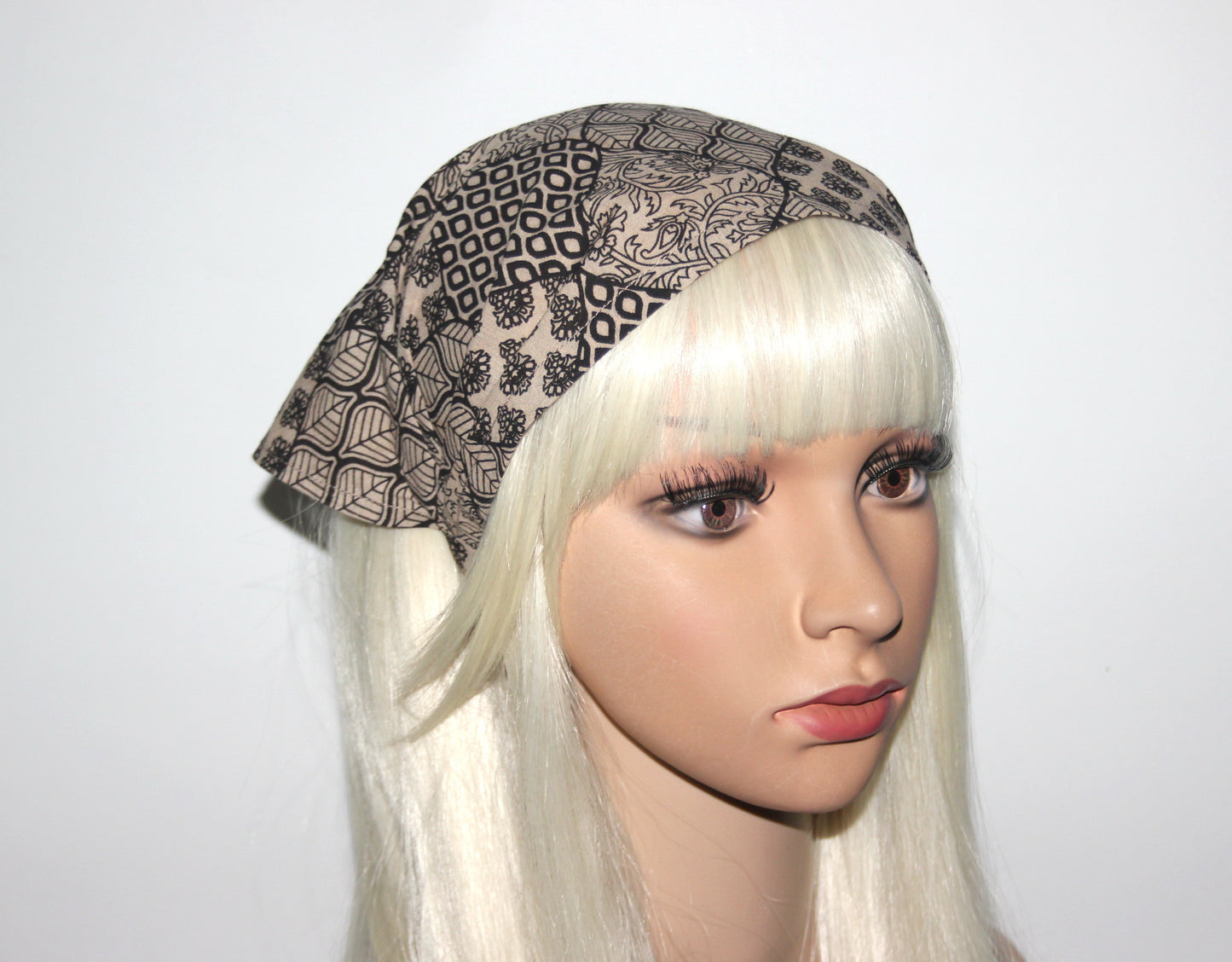 Bandana headband Natural Beige & Black structured cotton batiste kerchief