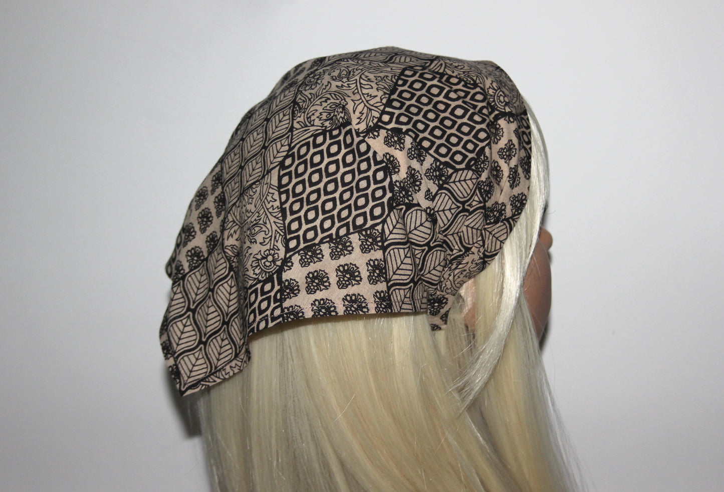 Bandana headband Natural Beige & Black structured cotton batiste kerchief