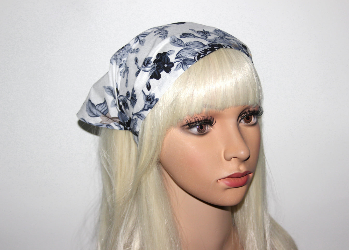 White head kerchief Dark Gray Flower print cotton triangle bandana headband