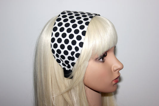 Women cotton headband, White with Black points Large Polka Dot jacquard headband scarf