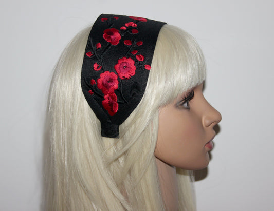Embroidered silk headband for women Black & Red sakura hairband scarf
