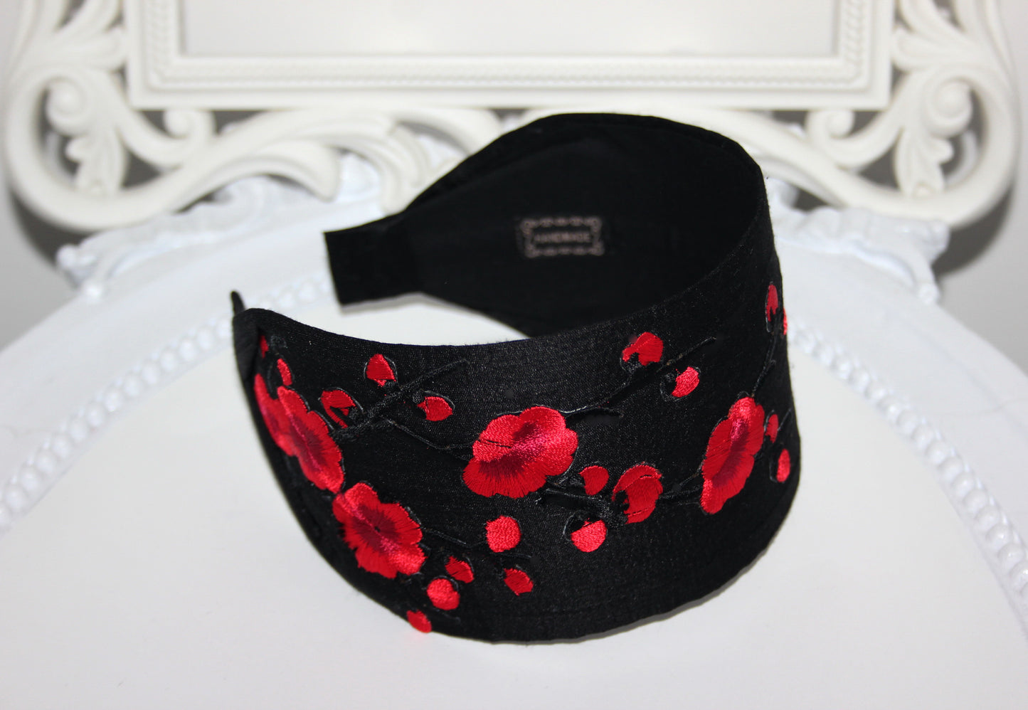 Embroidered silk headband for women Black & Red sakura hairband scarf