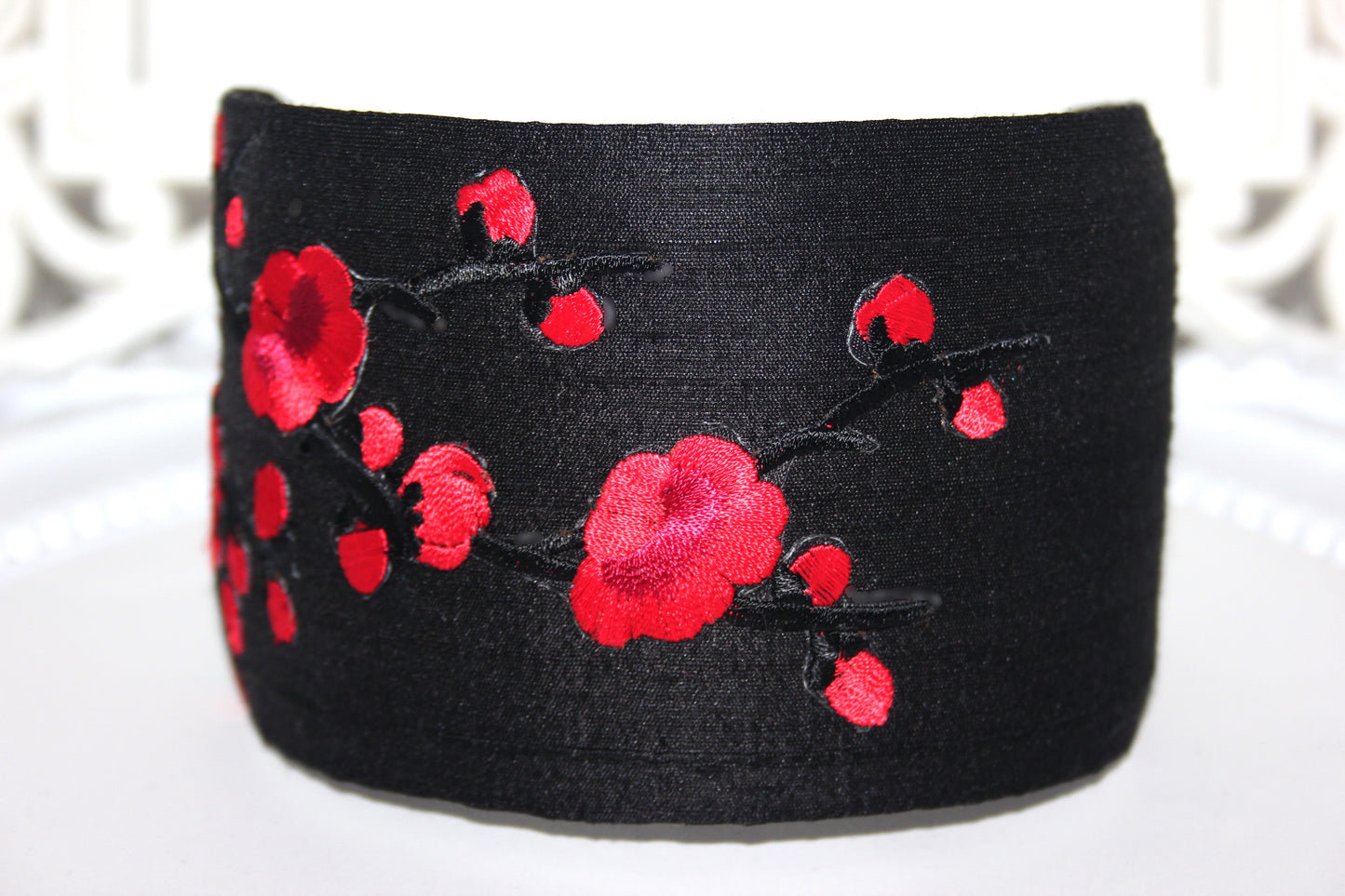 Embroidered silk headband for women Black & Red sakura hairband scarf