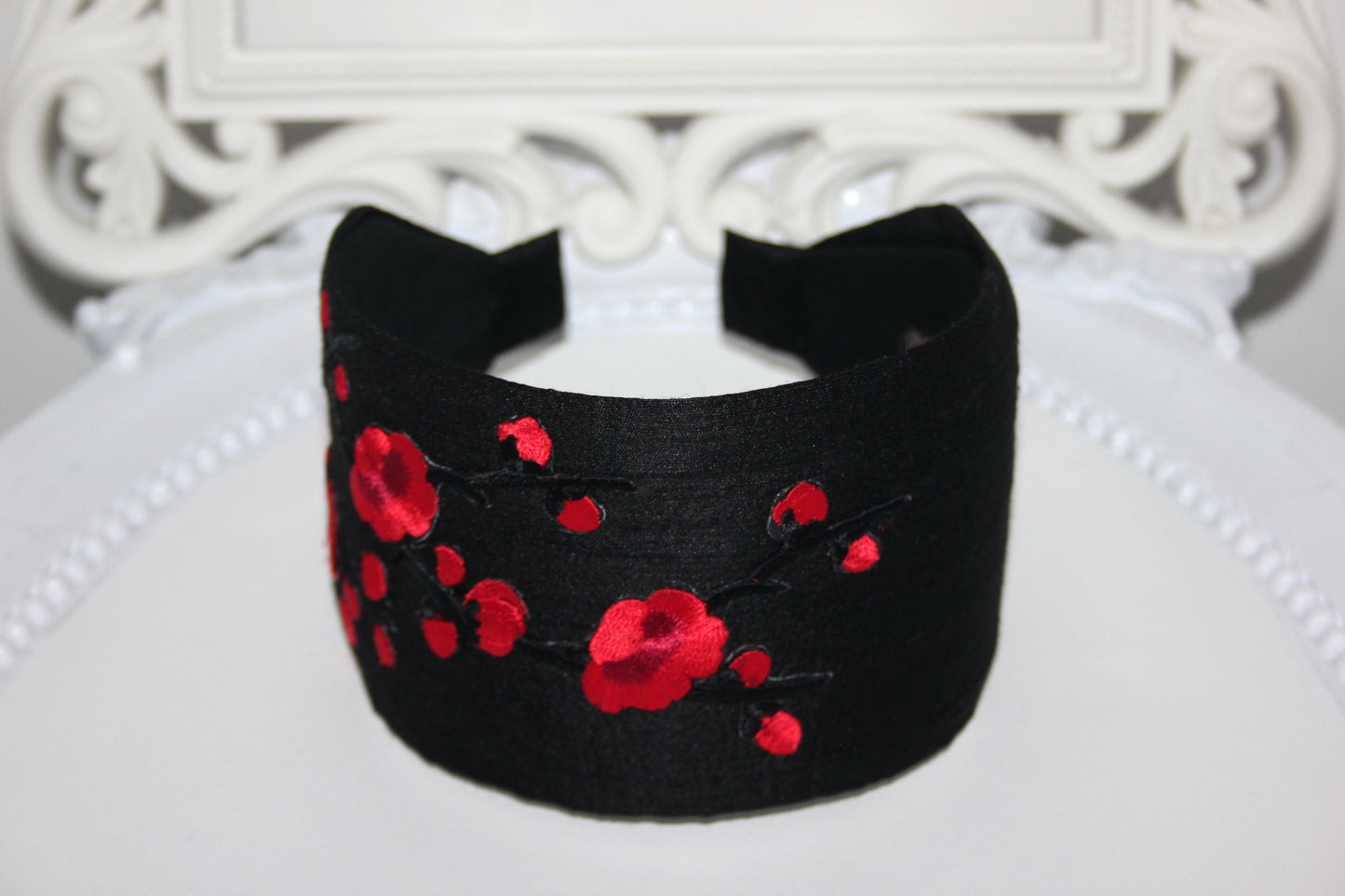 Embroidered silk headband for women Black & Red sakura hairband scarf