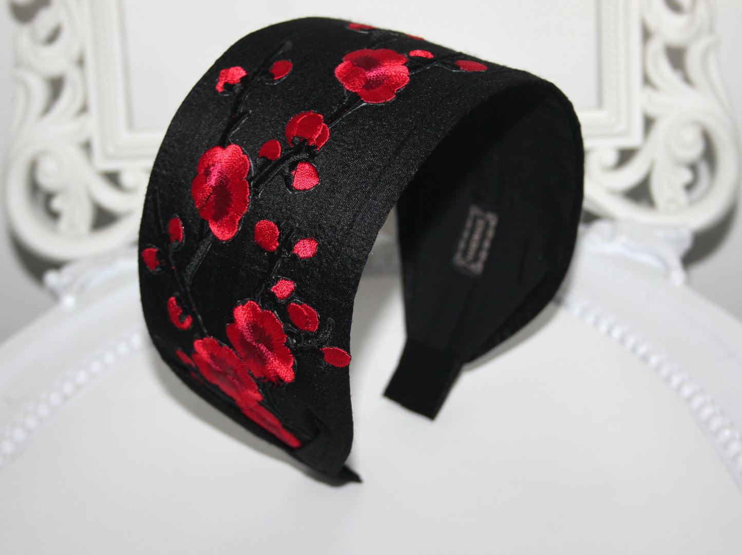 Embroidered silk headband for women Black & Red sakura hairband scarf