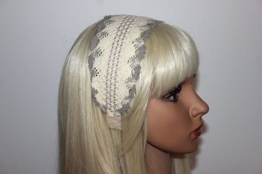 Gray & Ivory knit hairband 3"inches cotton headband Wide retro head cover