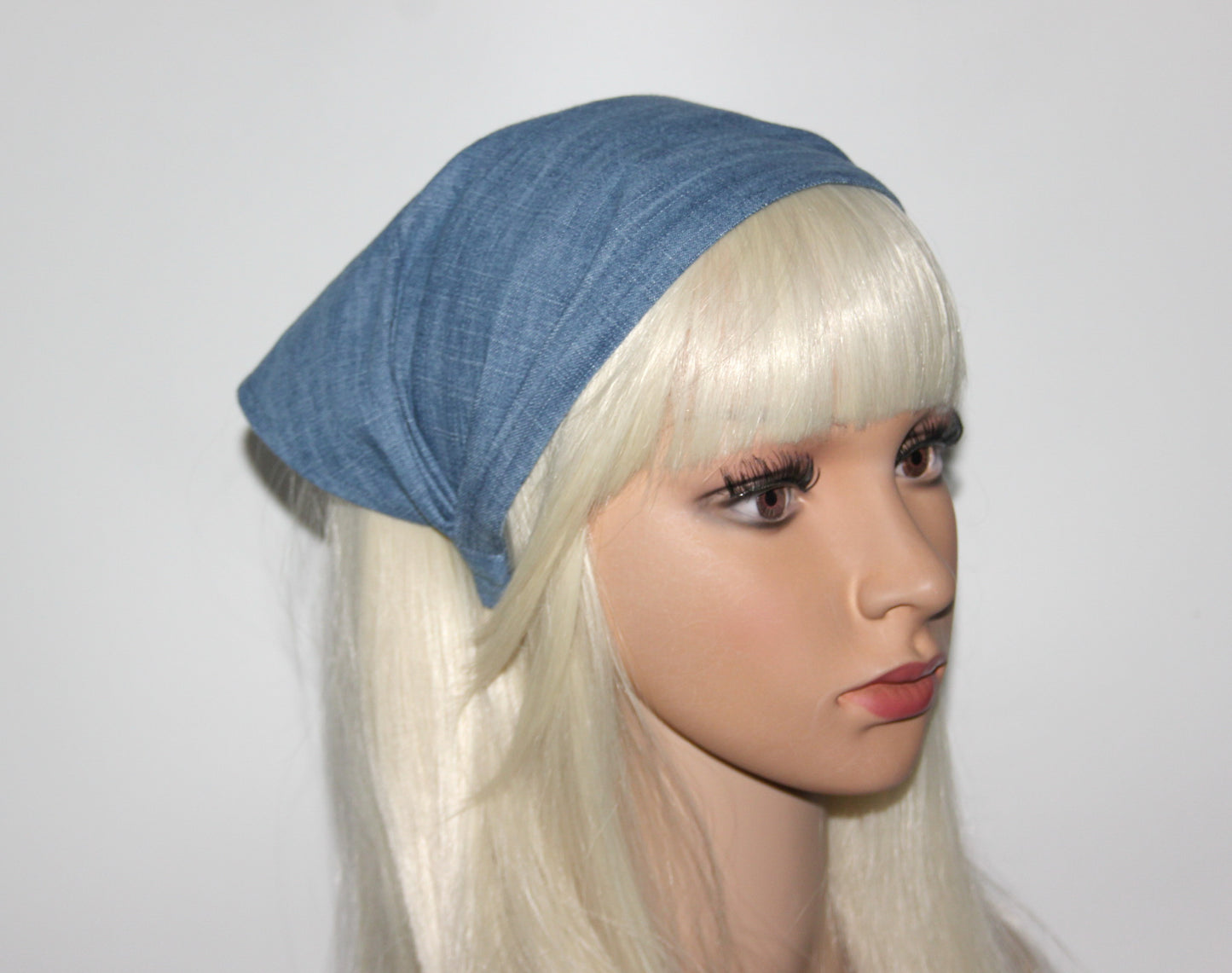 Blue Denim hair kerchief Bandana headband 10"/14" inch triangle head cover, hippie headpiece