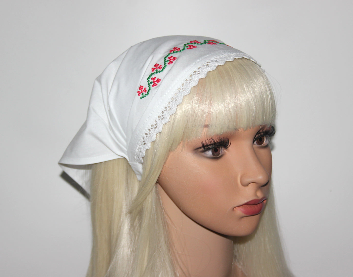 White traditional bandana 14" inch Embroidered cotton kerchief Ethnic triangle headband