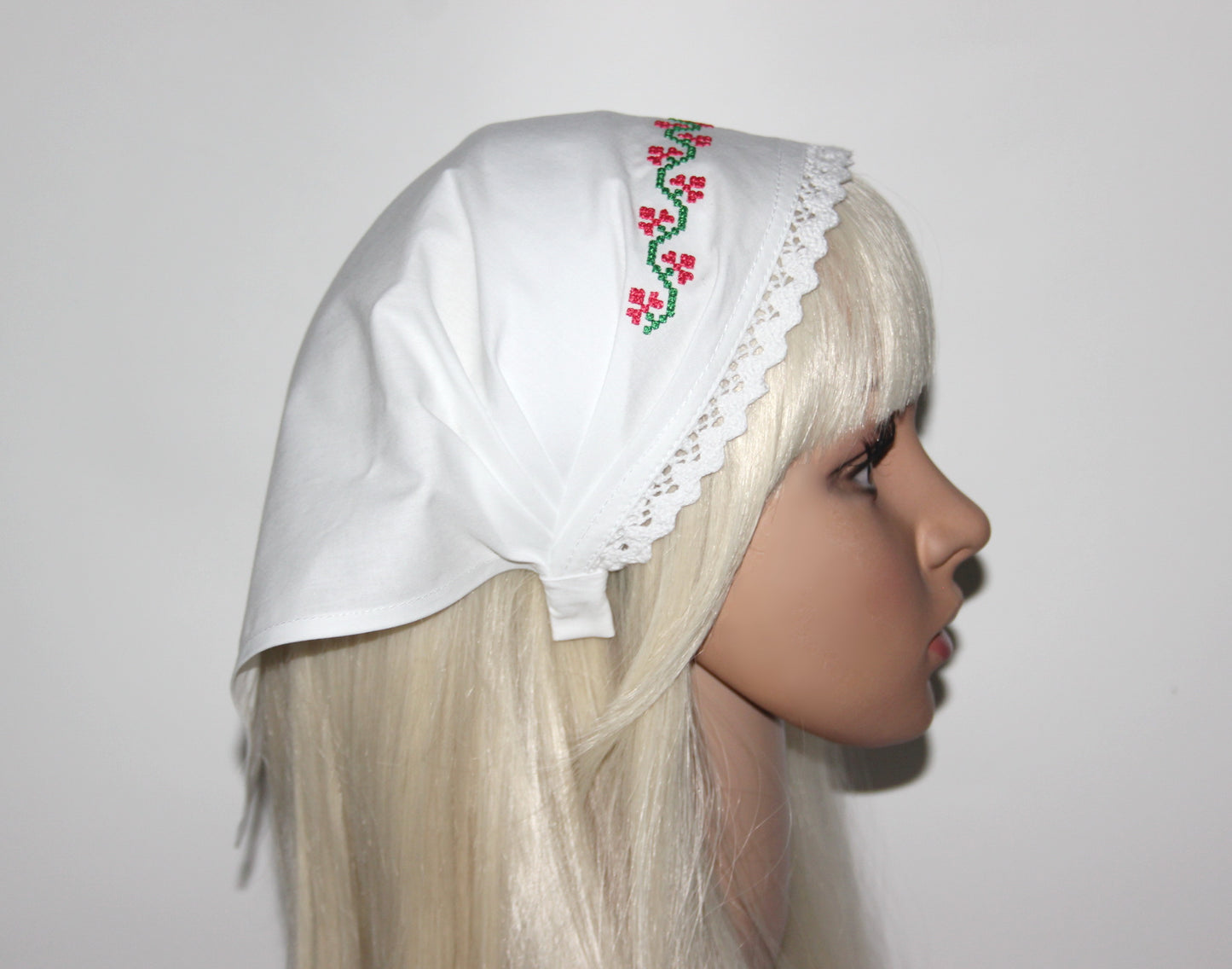 White traditional bandana 14" inch Embroidered cotton kerchief Ethnic triangle headband