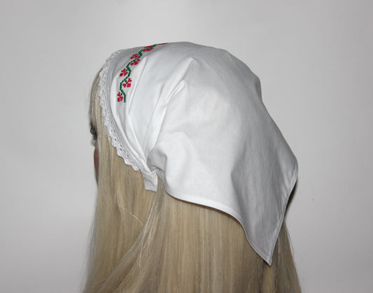 White traditional bandana 14" inch Embroidered cotton kerchief Ethnic triangle headband