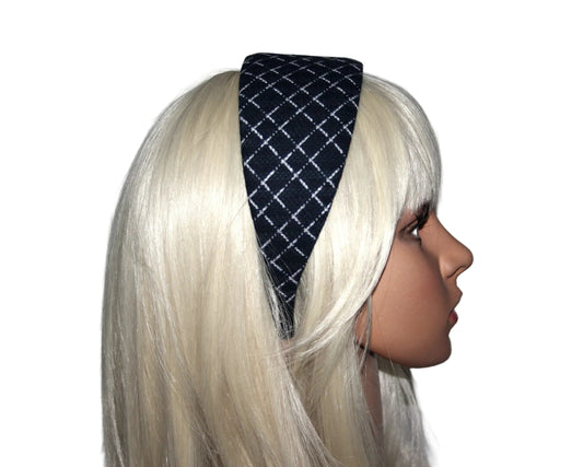 Fabric headband for women Dark Blue & White geometric print headwrap, plastic free