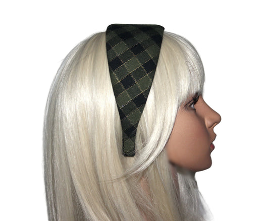 Plaid headband women Green & Black Tartan fabric hairband scarf, plastic free