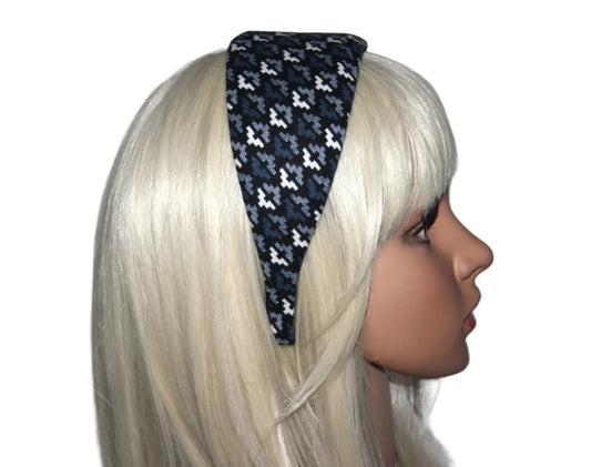 Wide headband, Dark Blue & White geometric pattern headwrap, plastic free