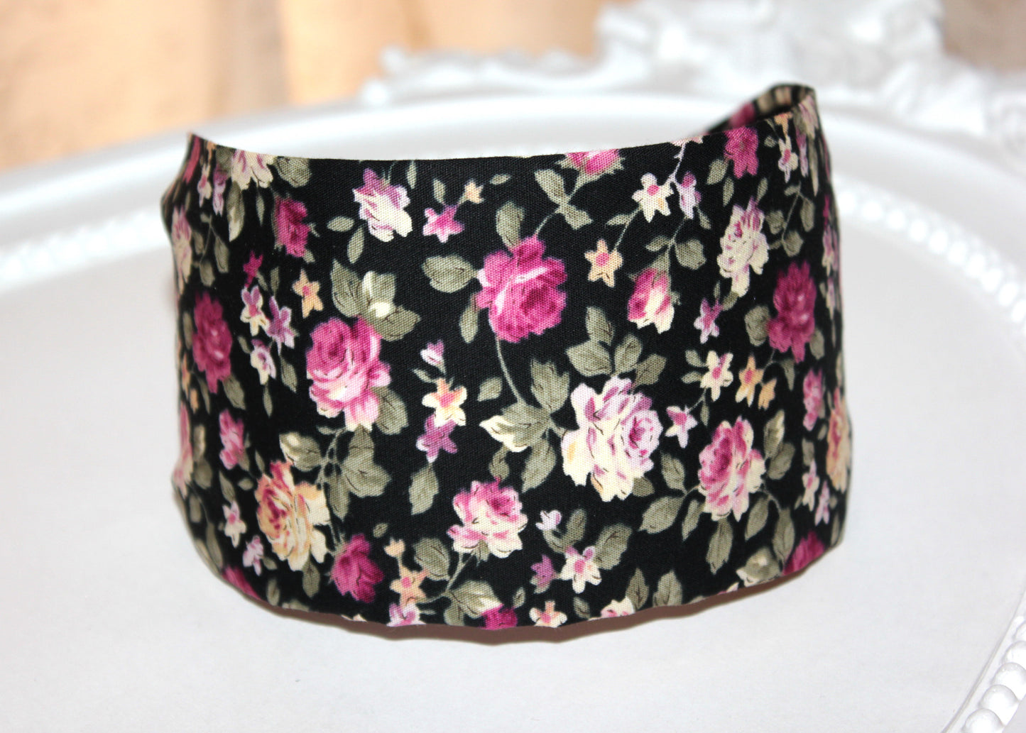 Wide flower print headband Boho head scarf women black and pink structured hair band