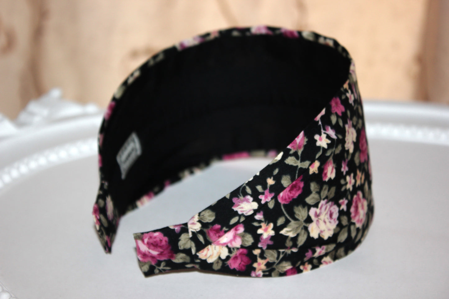Wide flower print headband Boho head scarf women black and pink structured hair band