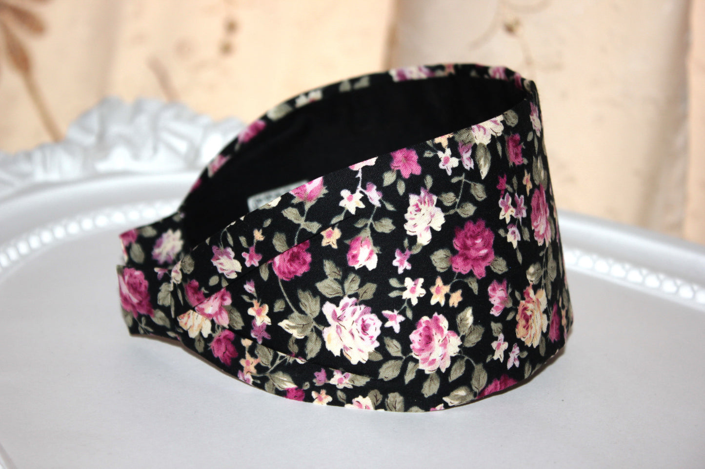 Wide flower print headband Boho head scarf women black and pink structured hair band