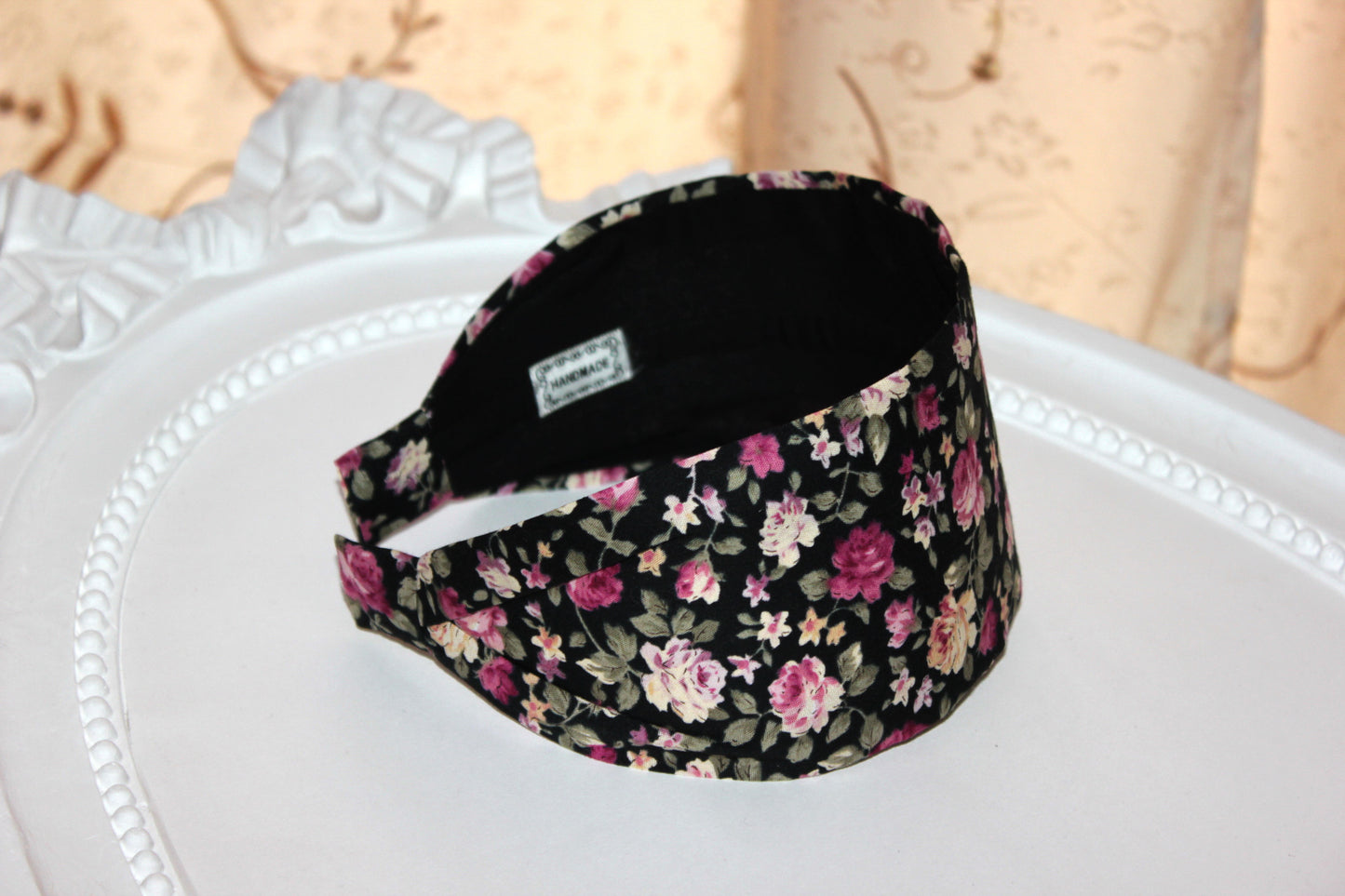 Wide flower print headband Boho head scarf women black and pink structured hair band