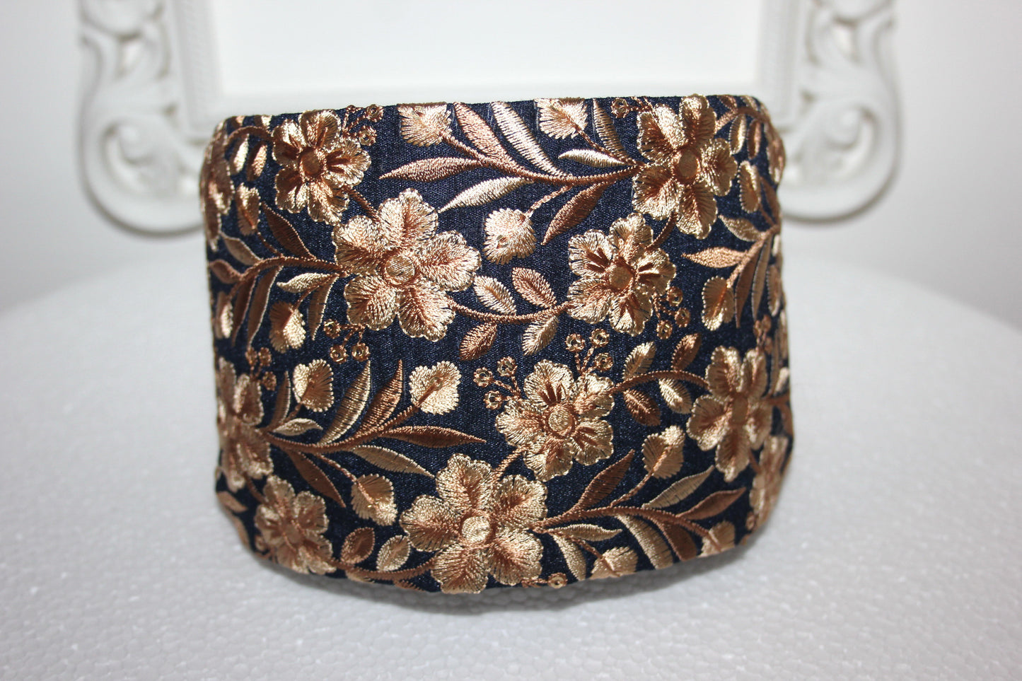 Embroidered headband for women Dark Blue & Beige 4''inch head scarf hairband Elegant boho head wrap