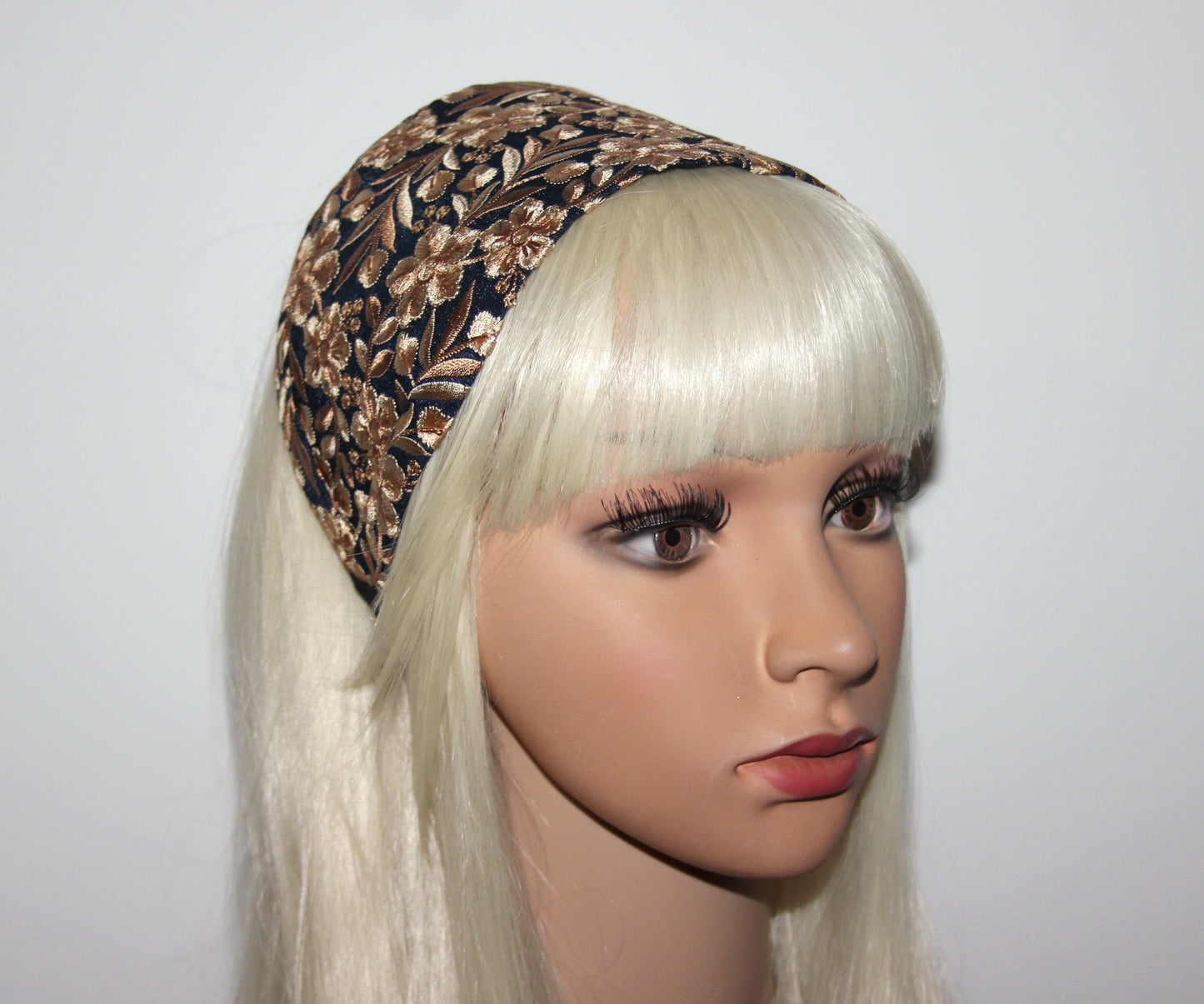 Embroidered headband for women Dark Blue & Beige 4''inch head scarf hairband Elegant boho head wrap