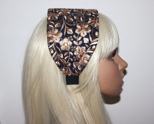 Embroidered headband for women Dark Blue & Beige 4''inch head scarf hairband Elegant boho head wrap