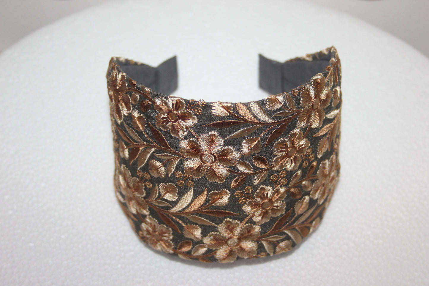 Headband for women Embroidered Olive Gray & Beige 4" inch head scarf Boho head wrap