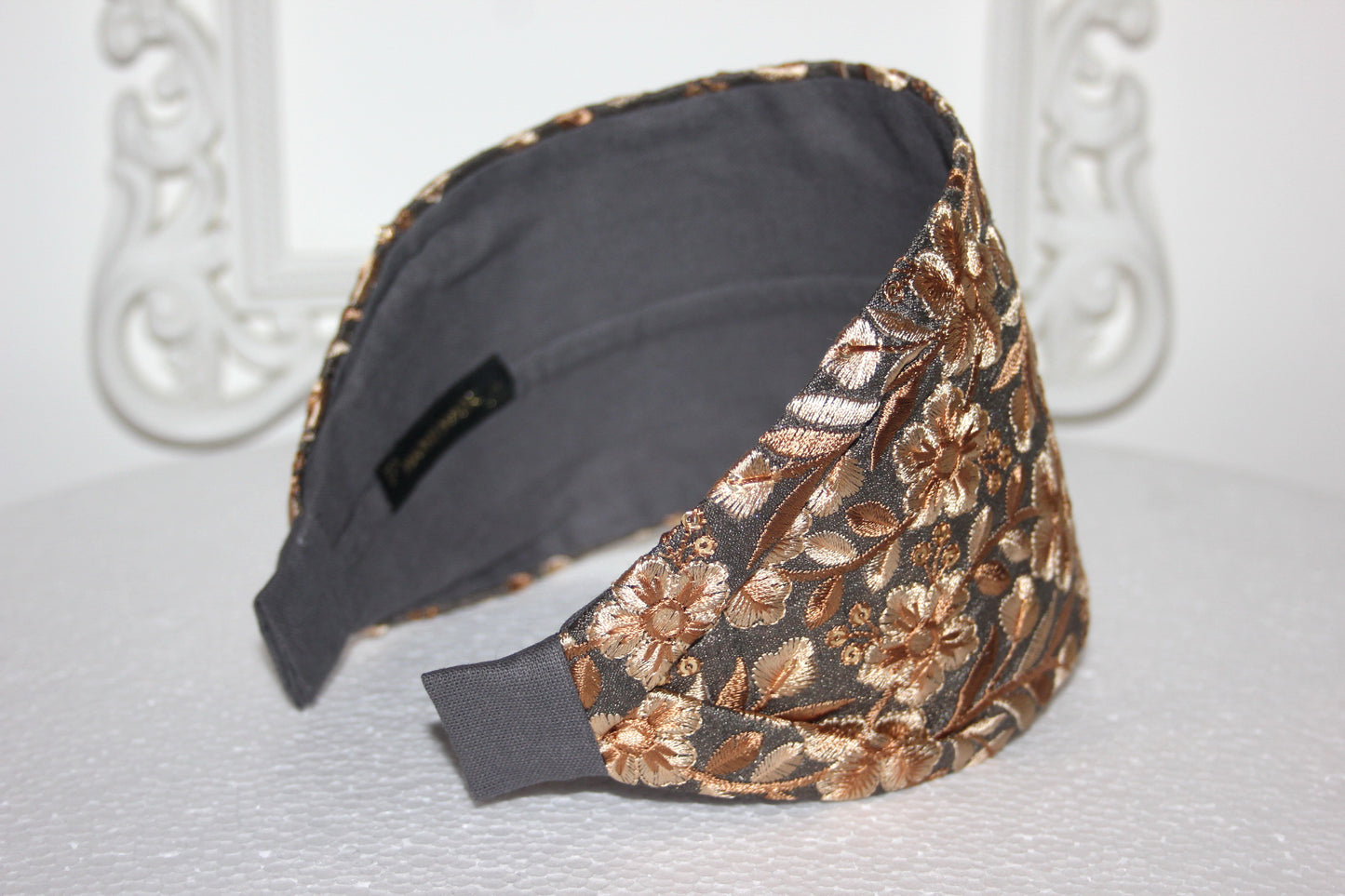 Headband for women Embroidered Olive Gray & Beige 4" inch head scarf Boho head wrap