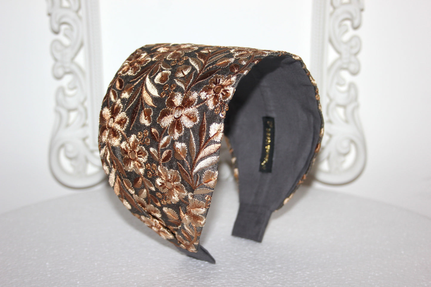 Headband for women Embroidered Olive Gray & Beige 4" inch head scarf Boho head wrap
