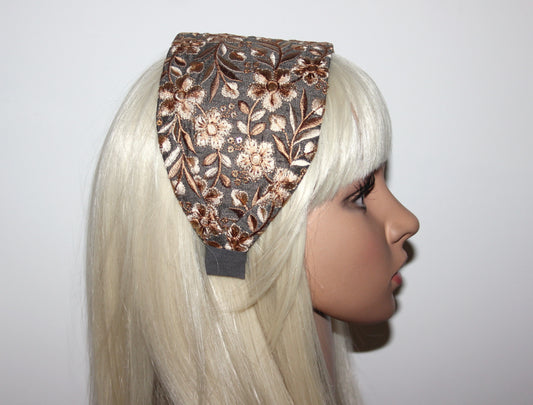Headband for women Embroidered Olive Gray & Beige 4" inch head scarf Boho head wrap