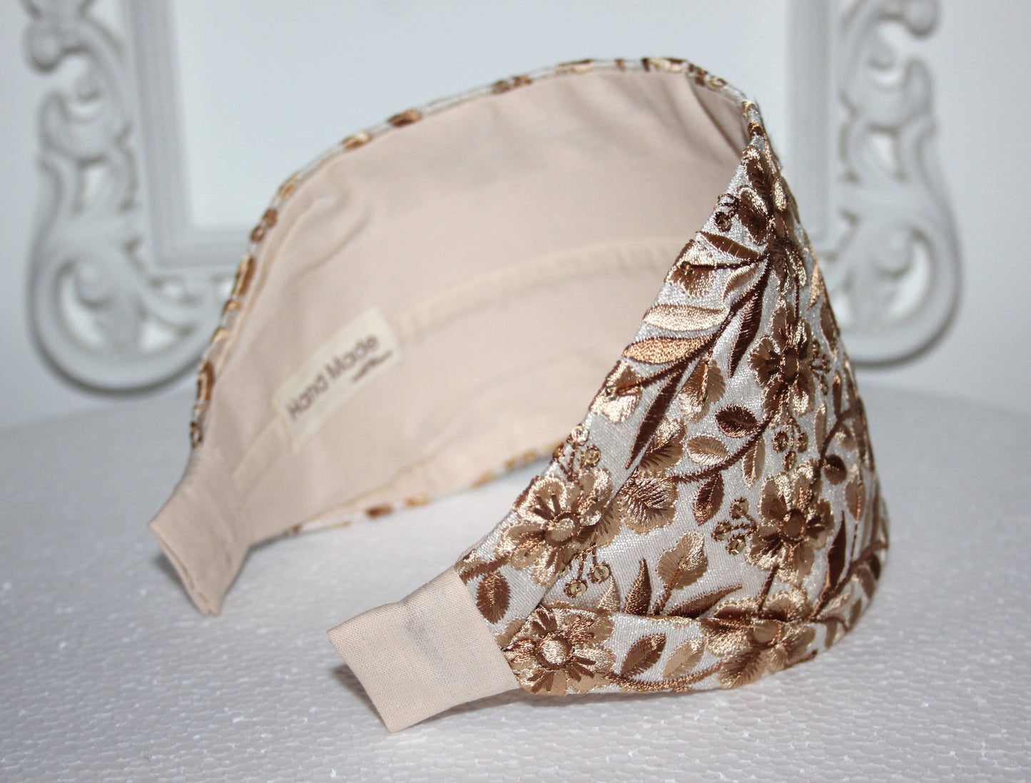 Large headband for women 4'' inch Beige embroidered head scarf Wedding head accessory Boho head wrap