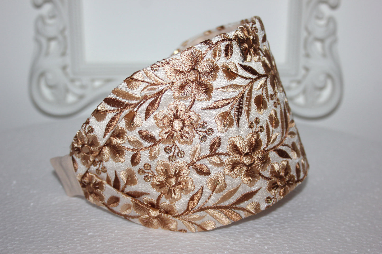 Large headband for women 4'' inch Beige embroidered head scarf Wedding head accessory Boho head wrap