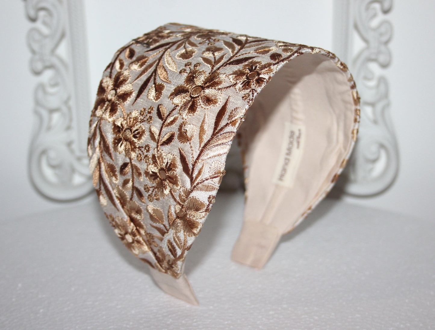 Large headband for women 4'' inch Beige embroidered head scarf Wedding head accessory Boho head wrap