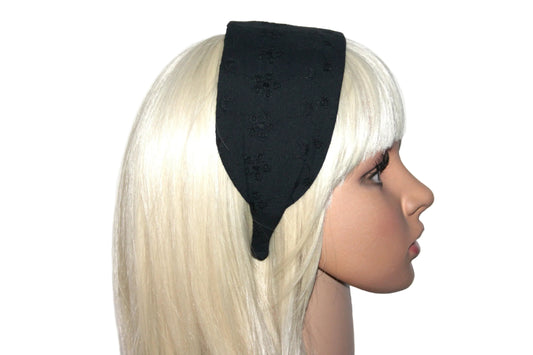 Black eyelet cotton flat headband with thin ends, plastic free... NEW