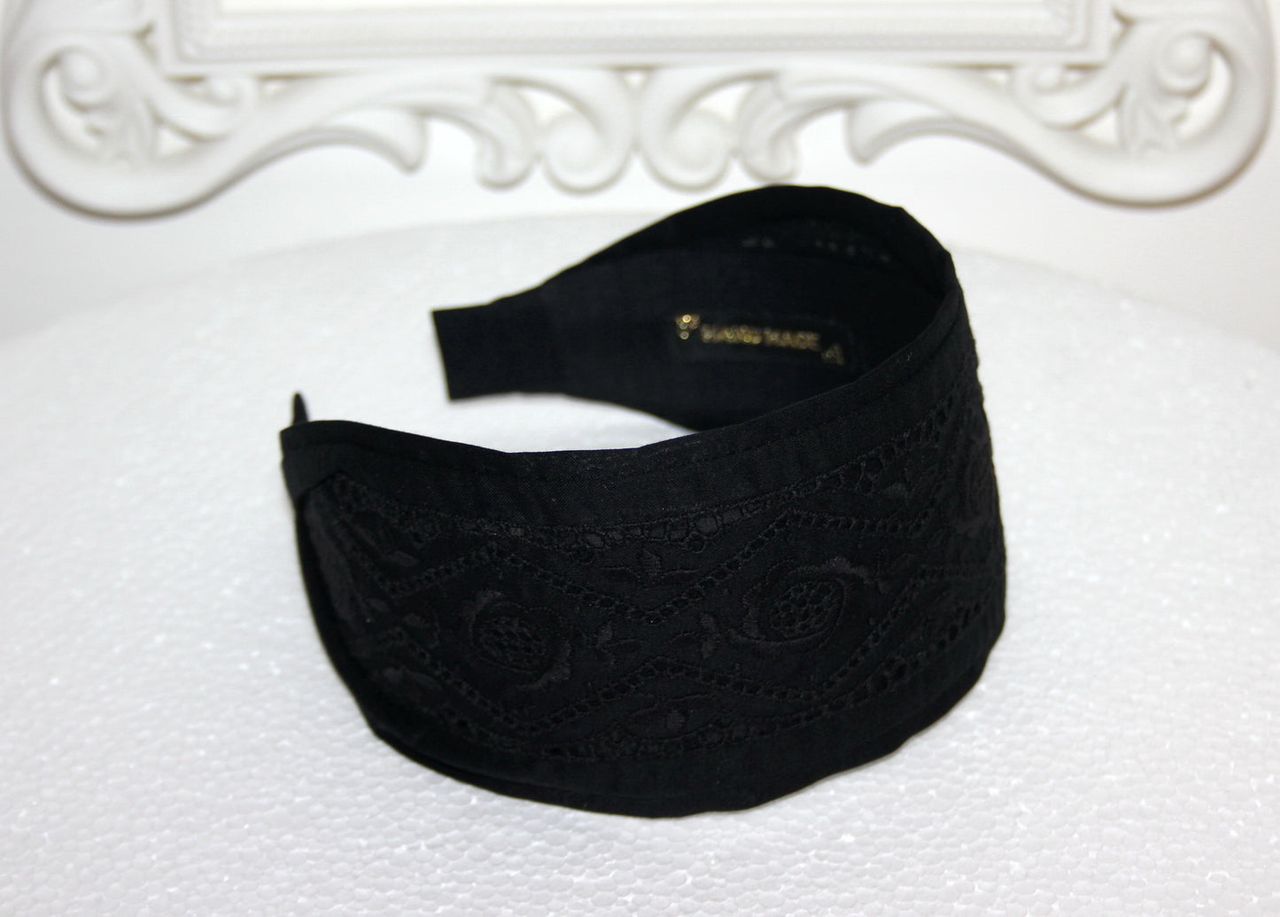 Eyelet cotton headband 2.75" inch Black english embroidery hair scarf
