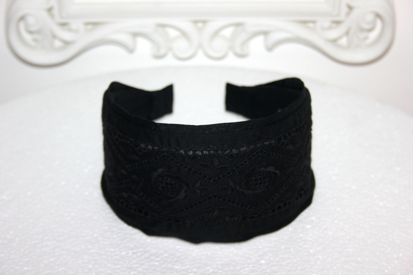 Eyelet cotton headband 2.75" inch Black english embroidery hair scarf