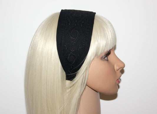 Eyelet cotton headband 2.75" inch Black english embroidery hair scarf