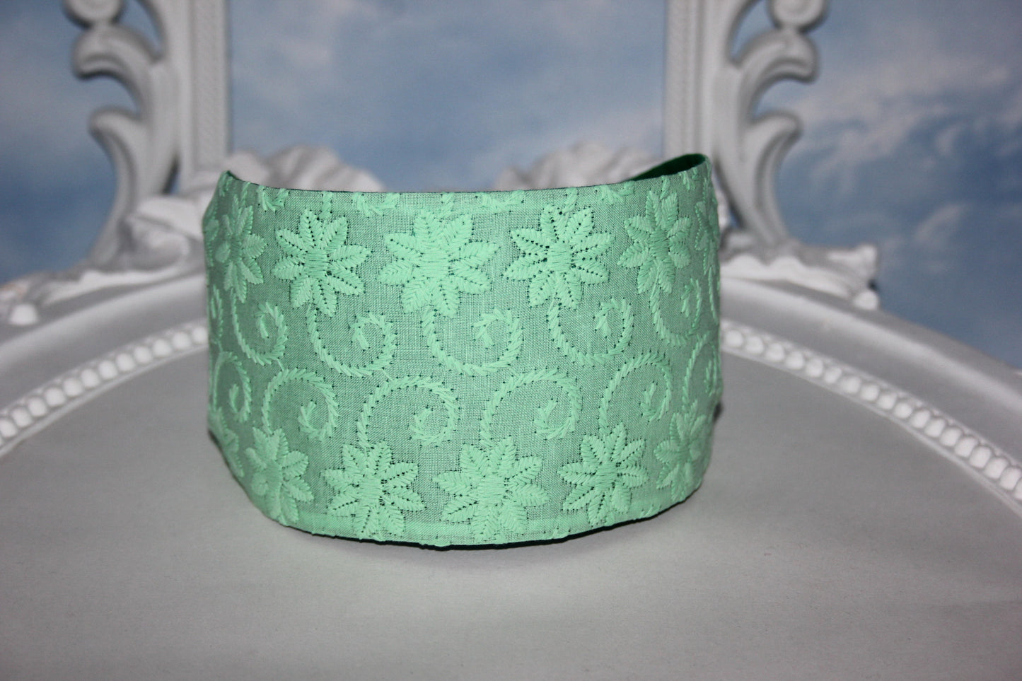 Green cotton headband Embroidered head cover Wide hairband for women