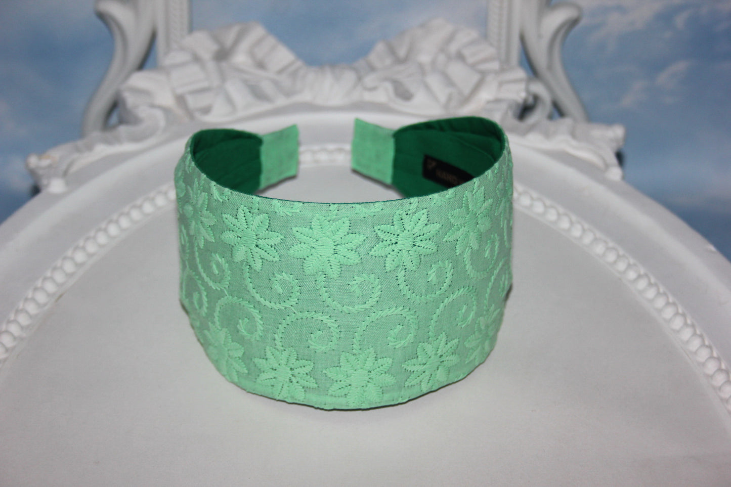 Green cotton headband Embroidered head cover Wide hairband for women
