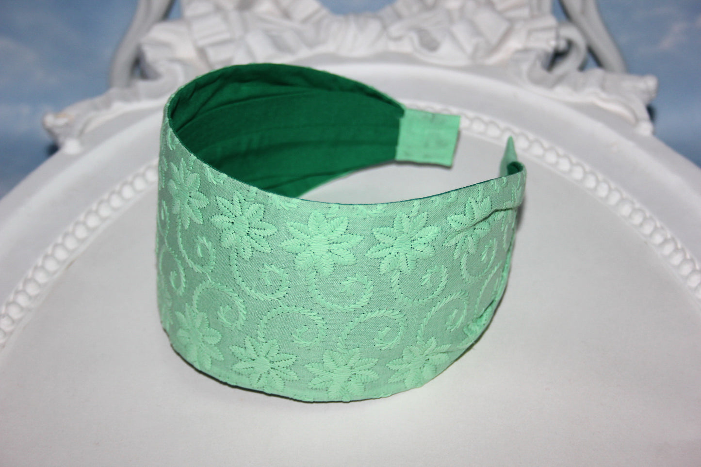 Green cotton headband Embroidered head cover Wide hairband for women