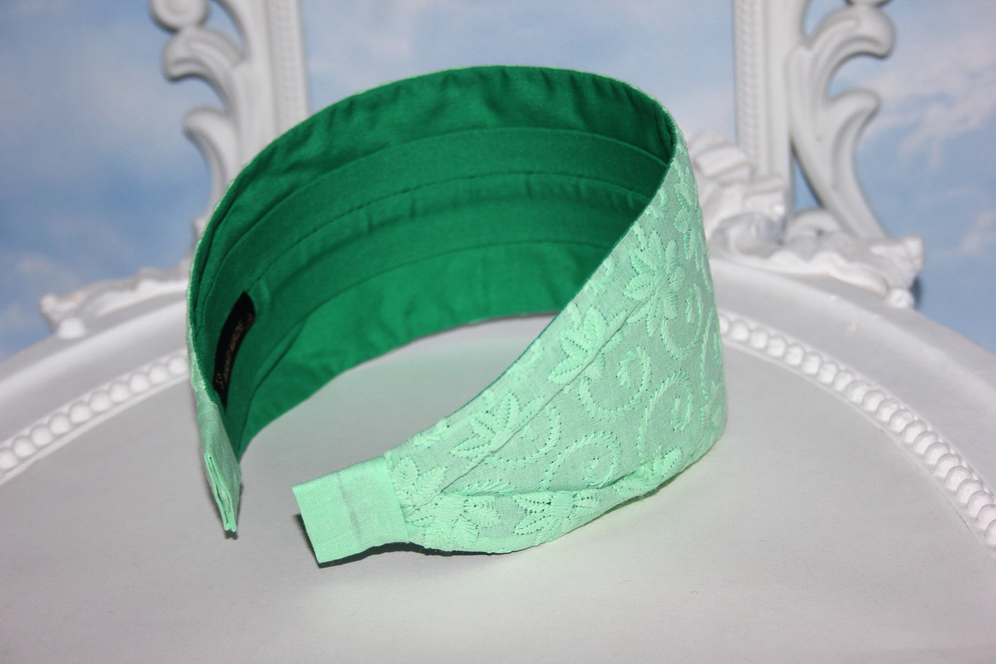 Green cotton headband Embroidered head cover Wide hairband for women