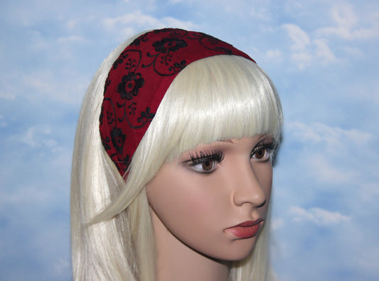 Headband bandana embroidered Dark Red head cover wide cotton hairband