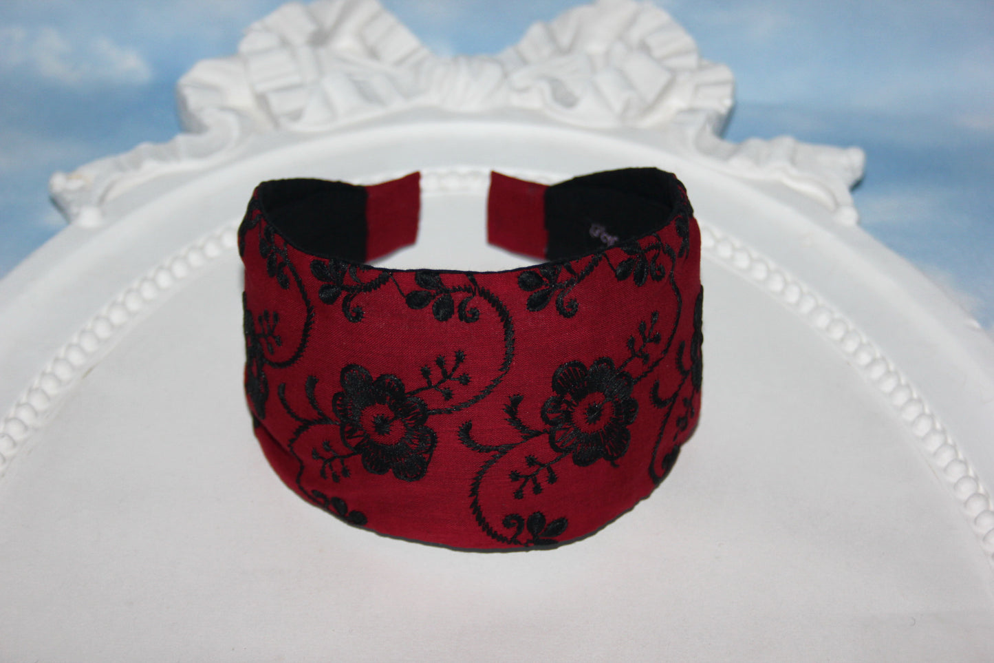 Headband bandana embroidered Dark Red head cover wide cotton hairband