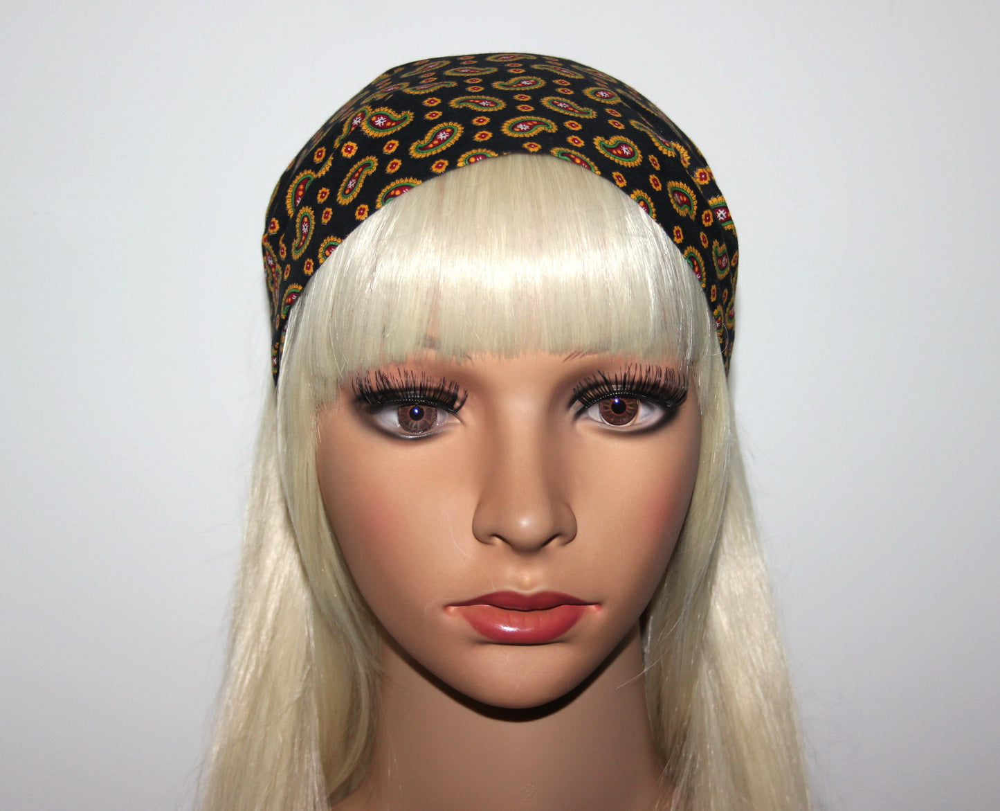 Black Bandana Headband Boho Yellow print paisley hairband scarf