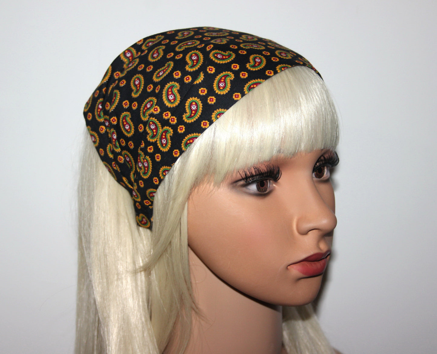 Black Bandana Headband Boho Yellow print paisley hairband scarf