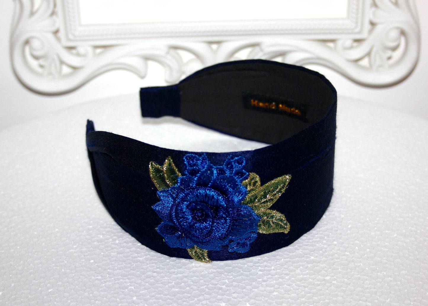 Dark Blue silk head band 2.35" inch embroidered hairband with 3D flower appliquie Fashion head scarf for women