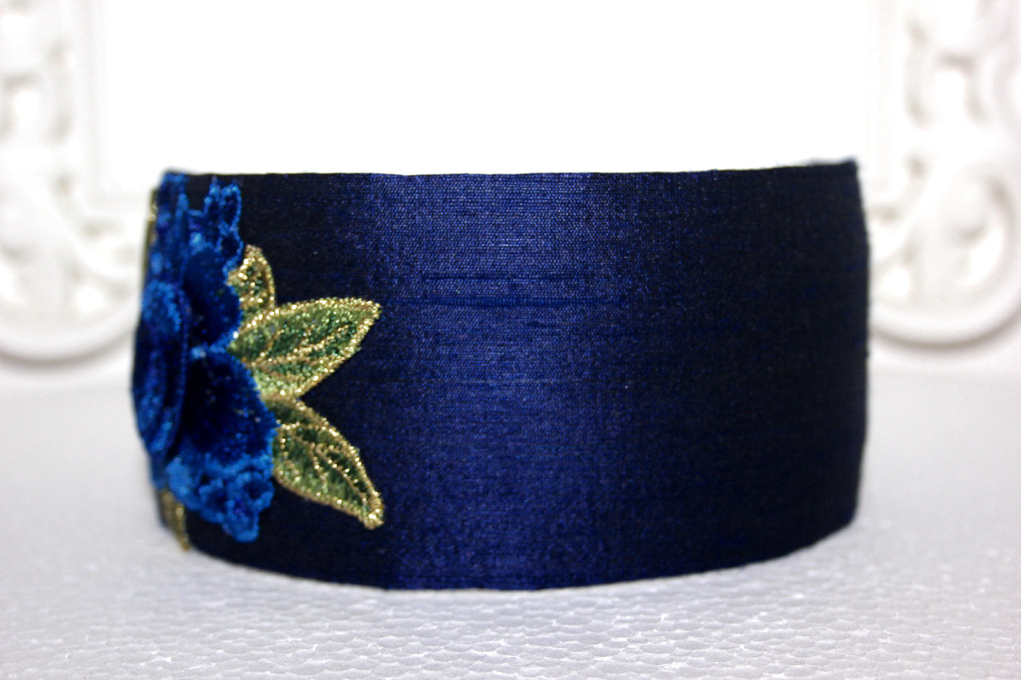 Dark Blue silk head band 2.35" inch embroidered hairband with 3D flower appliquie Fashion head scarf for women